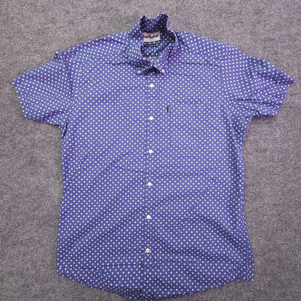 Barbour Tailored Fit Blue Circles Button Shirt Mens Size Small Short Sleeve
